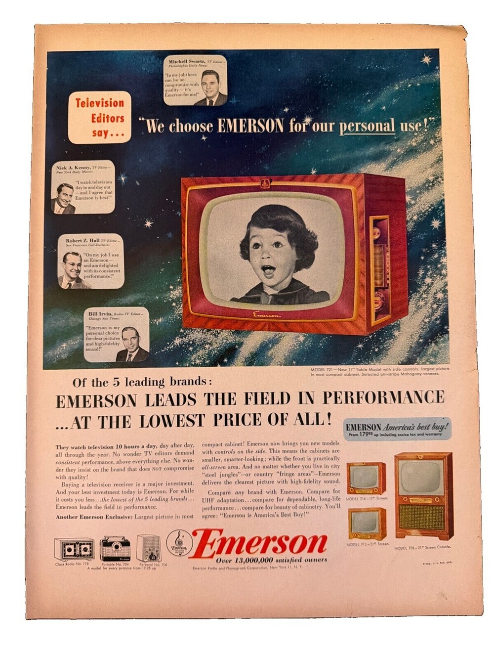 1952 Emerson TV Print Ad Home Electronics Television Retro Vintage Americana